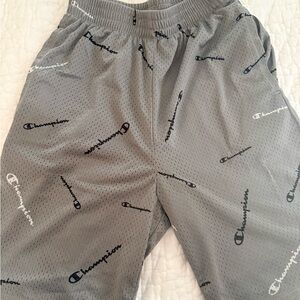 BOYS Champion Light Gray Mesh Logo Athletic Shorts with Black & White Script